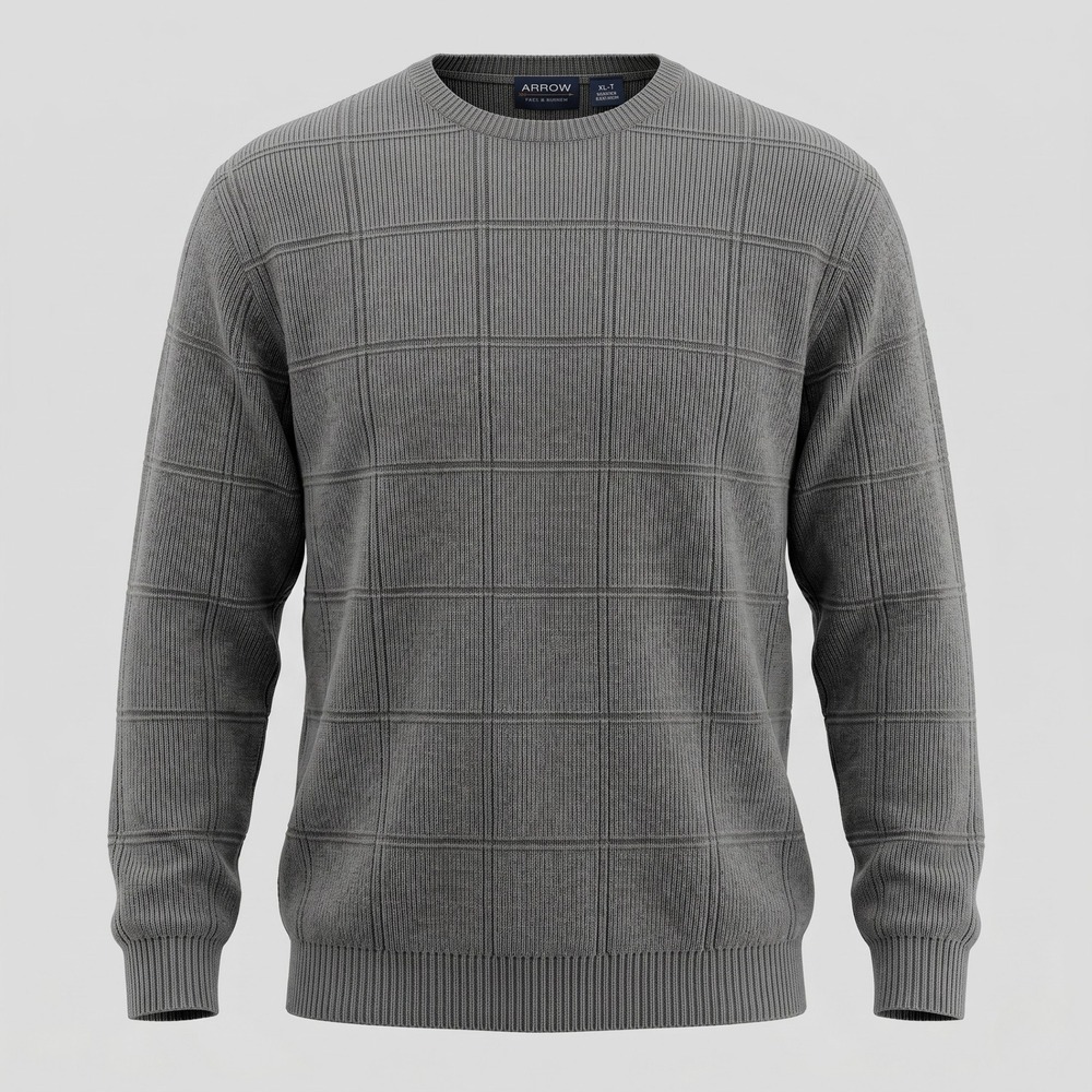 Arrow Mens XLT Grey Sweater Crewneck Textured Grid 100% Cotton Ribbed‎ Tall